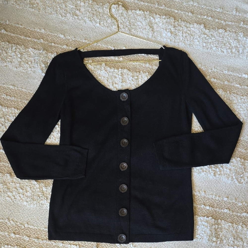 Ports 1961 Black Button-Front Scoop Neck Cardigan Metal Button Small